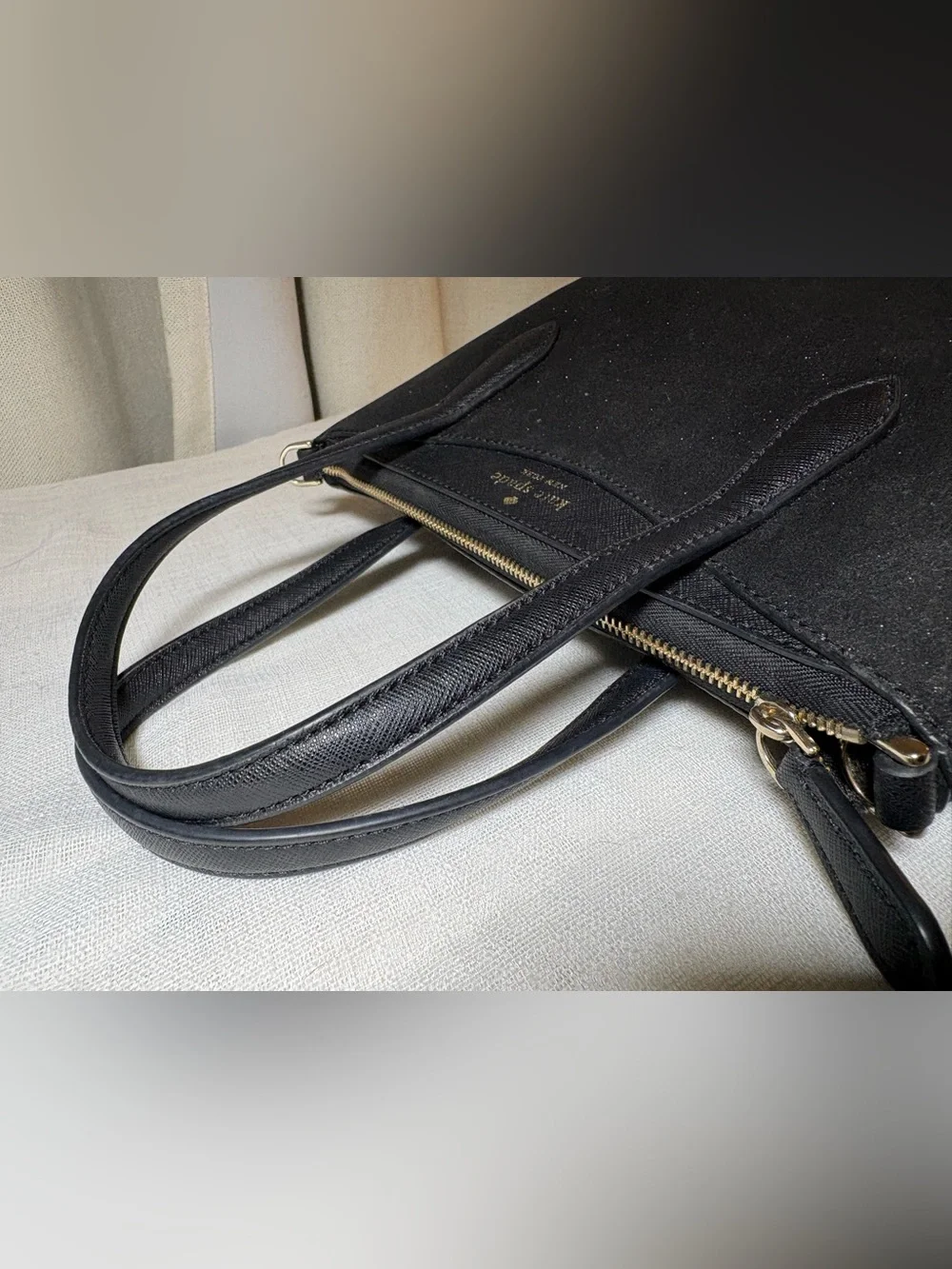 Kate Spade Glimmer Small Zip Satchel Black Glitter Crossbody Handbag KE460